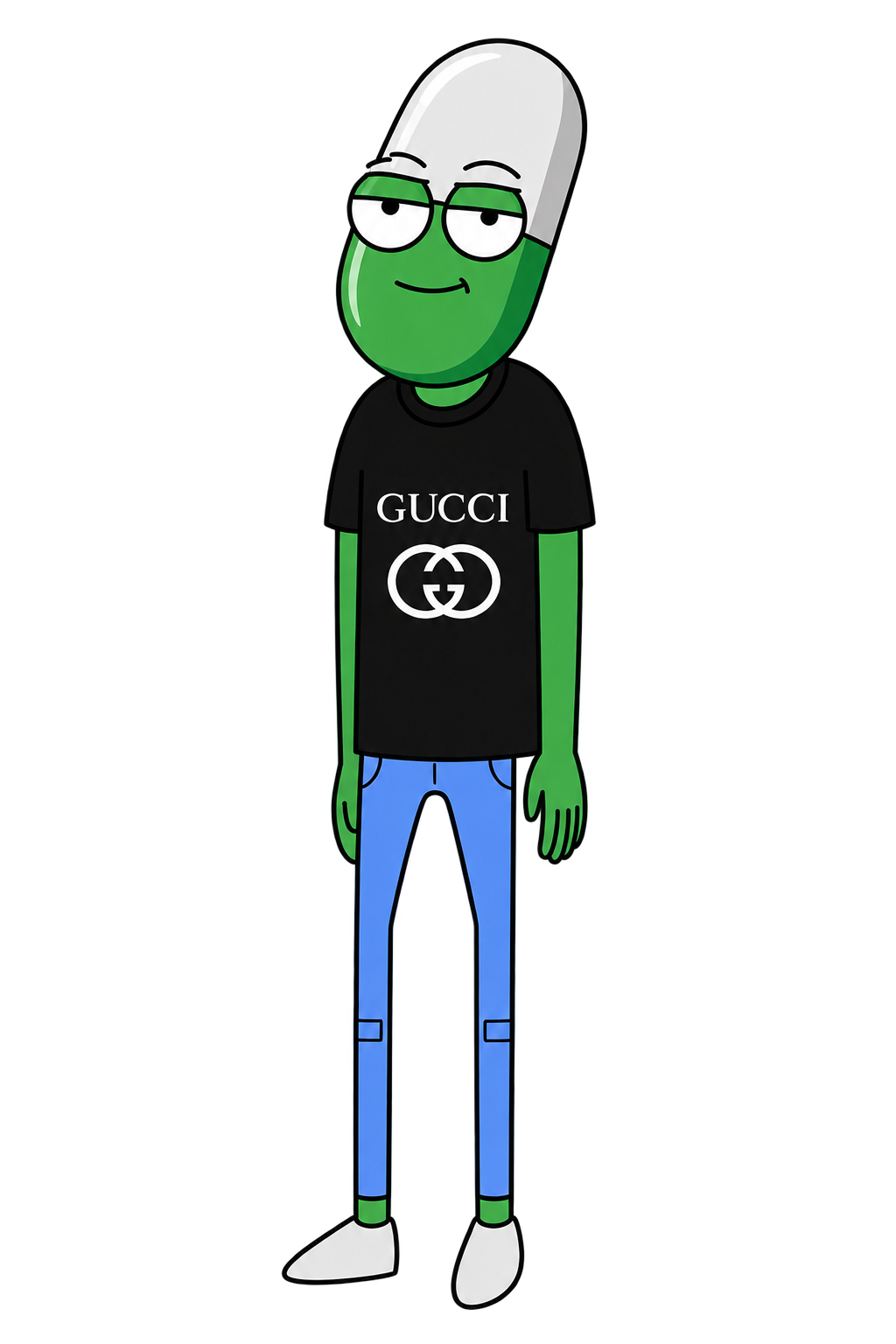 GUCCI PUMP, a green capsule-headed character wearing a black fashion tee and blue jeans
